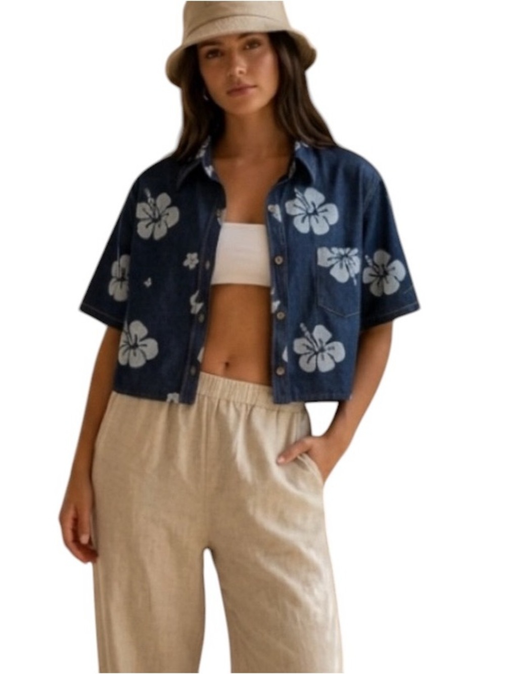 palmwave hawaii denim island tropical shirt hibiscus print vacation Coastal
